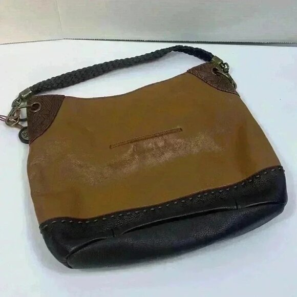 The Sak Leather Two Tone Shoulder Bag Braided Strap‎ Brass Hardware Purse - Picture 2 of 12